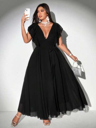 Viva Relle 女士加大码优雅浪漫系带深 V 领荷叶边袖 A 字形雪纺连衣裙