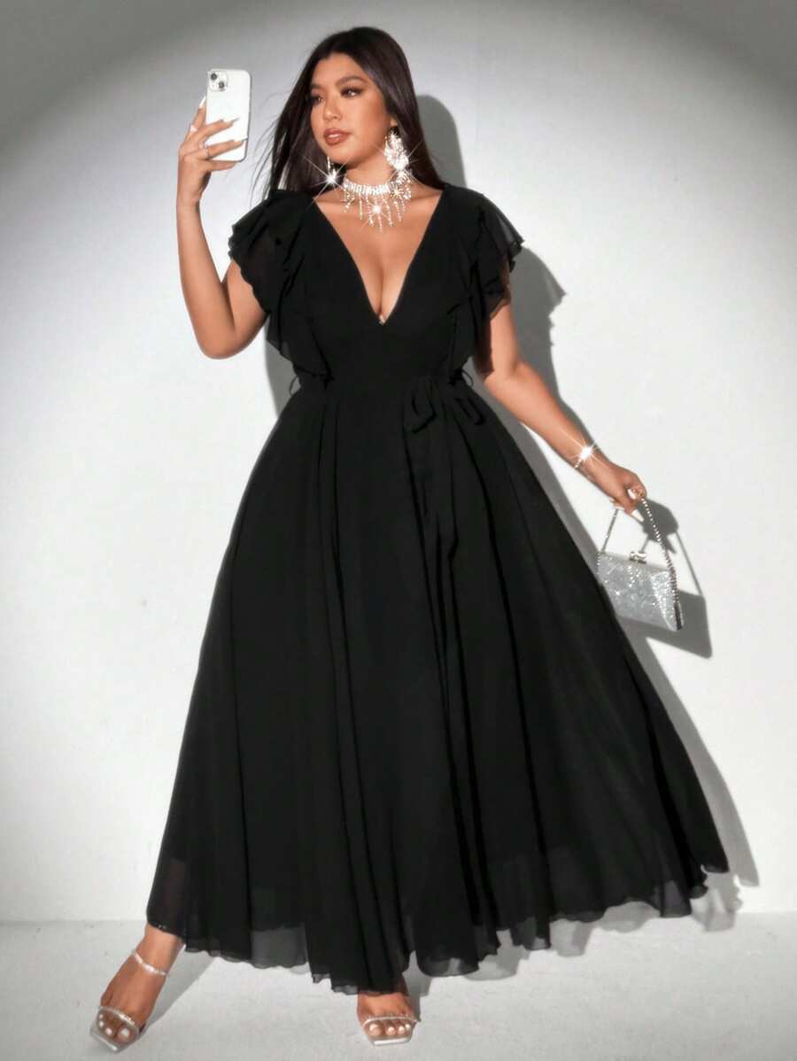 Viva Relle 女士加大码优雅浪漫系带深 V 领荷叶边袖 A 字形雪纺连衣裙 - 黑色 - 查看 1