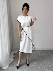 Elenzga 2025秋季新款法式极简连衣裙，宽松优雅高端不对称系带腰连衣裙，适合约会、郊游、度假、花园、家庭聚会、劳动节、节假日、独立日、返校、教师装、万圣节、感恩节