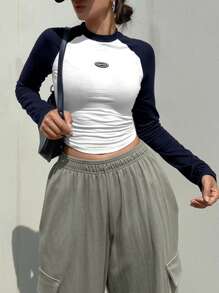 DAZY 女款插肩袖拼色拼接T恤长袖上衣 - 彩色 - 查看 4