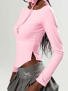 Easelle Women's Pink Asymmetric Neck Long Sleeve Knit Form-Fitting T-Shirt 2025 Office Siren