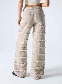 LYSMO Women's Pocket Fray Hem Relaxed Straight Casual Jeans - Khaki - View 2