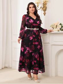 Modelyn Robe longue de soirée à manches longues imprimé floral avec col en V et enveloppée, pour grandes tailles - Multicolore - Voir 6