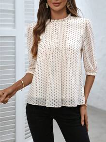 EMERY ROSE 中年女士春夏短袖雪纺衬衫，成熟女性休闲宽松衬衫 - 杏色 - 查看 3