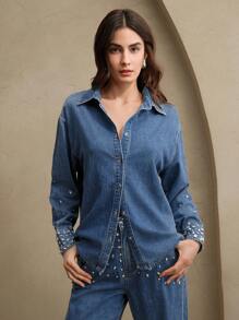 Anewsta Embellished Casual & Versatile Women's Denim Shirt - Blue - View 5