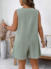 Linhara Plus Size Women Solid Color Button Pocket Jumpsuit