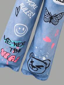 SHEIN 3pcs Tween Girls Mesh T-Shirt & Bear Graphic Tank Top & Denim Print Pants Set