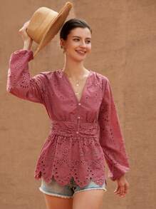 BELROSIE Camisa de estilo bohemio y de moda con cuello en V de unicolor, mangas con volantes bordados, cintura recogida para primavera y otoño - Rosa vieja - Ver 5