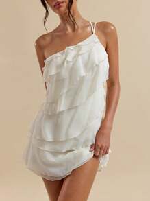 SHEIN BAE 夏季海滩度假纯色杏色分层荷叶蛋糕迷你连衣裙，适合日常约会、夜间外出、夜店、派对、聚会、鸡尾酒会、泳池派对、开学季服装、学校季服装、节日服装、音乐节服装、乡村音乐节服装、演唱会服装 - 米色 - 查看 5