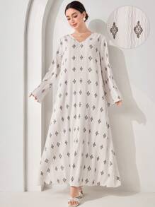 Veilorie Modest Casual Pleated Floral Print Women's Abaya, Turkish Dress, Extra Long Dress, Kaftan & Jalabiya - Apricot - View 1