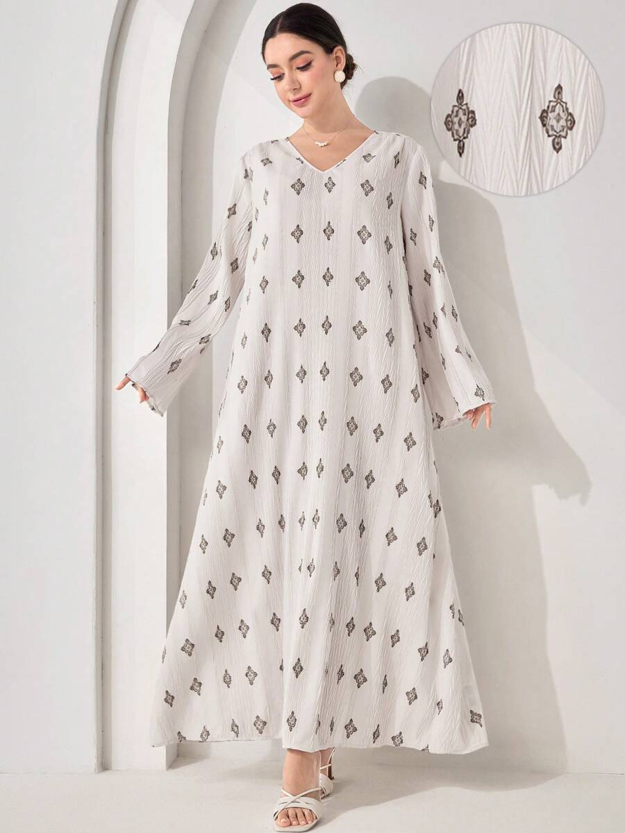 Veilorie Modest Casual Pleated Floral Print Women's Abaya, Turkish Dress, Extra Long Dress, Kaftan & Jalabiya - Apricot - View 1