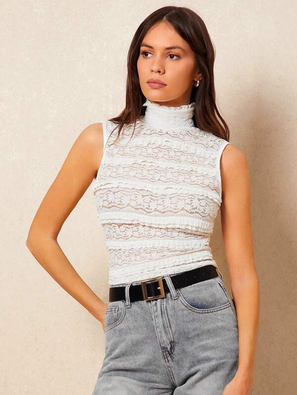 Poéselle Stilvoller Spitzen-Crop-Top mit hohem Kragen - eine schicke Ergänzung für Ihren Alltags-Kleiderschrank, Sommer Damen, Westliche Bekleidung Damen, Boho, Hippie