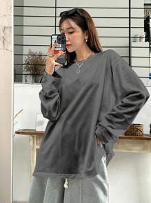 DAZY Split Hem Drop Shoulder Tee,Fall Clothes Long Sleeve Women Tops - Dark Grey - View 5