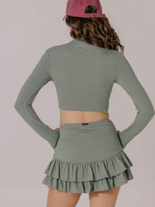 Aralina Minimalist Solid Color Front Zipper Fitted Cropped Athletic Jacket - Olive Green - View 2