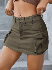 SHEIN ICON Women's Army Green Denim Mini Skirt With Cargo Pockets Casual Style - Army Green - View 5