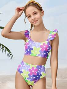 Conjunto de traje de baño para niñas preadolescentes con bikini con estampado floral, bata y minifalda