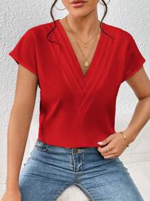 SHEIN Privé 女士纯色褶皱 V 领休闲短袖衬衫 - 紅色 - 查看 4