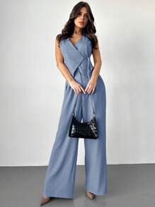 Firerie 节日春夏新款简约优雅日常通勤亚麻色纯色裹腰背心+高腰百褶阔腿裤两件套秋冬套装 - 霧霾藍 - 查看 5