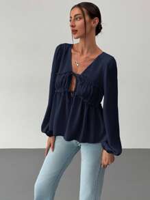 Aloruh Blusa suelta para mujer con cuello en V, mangas abullonadas, acabado con volantes y cierre delantero en nudo, para una cita romántica