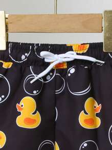 Baby Boy Swimwear Beach Shorts, Drawstring Waist Little Duck Pattern Swim Trunks - Black - View 6