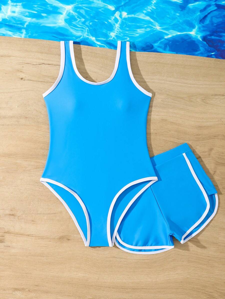 Tween Girls 纯色边饰连体泳衣，配有纯色三角裤，适合度假、海滩、冲浪、游泳
