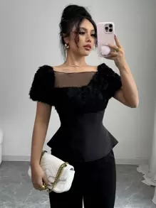 Elenzga Top court élégant unique français, chemise femme avec manches bouffantes à empiècement noir et taille cintrée, convient pour le travail, les rendez-vous, les fêtes, le carnaval, Pâques, les festivals de musique, le printemps/l'été