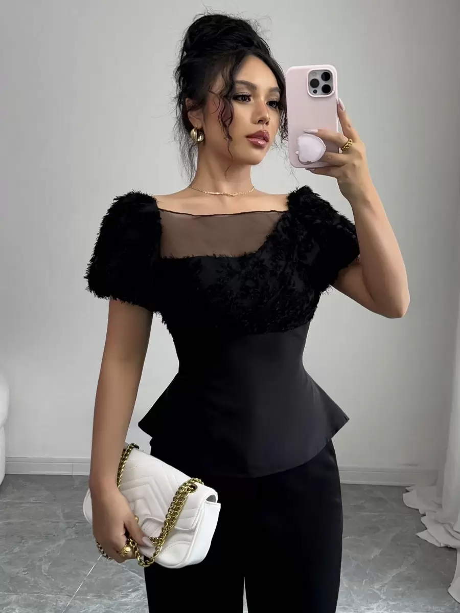 Elenzga Top court élégant unique français, chemise femme avec manches bouffantes à empiècement noir et taille cintrée, convient pour le travail, les rendez-vous, les fêtes, le carnaval, Pâques, les festivals de musique, le printemps/l'été