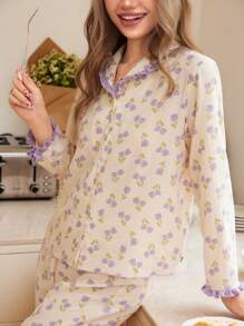 SHEIN Leap Crew 2 件套青少年女孩甜美花卉图案长袖上衣，带荷叶边领和宽松直筒裤休闲睡衣家居服 - 淡紫色 - 查看 5