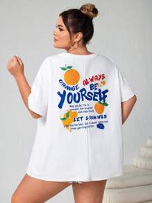 SHEIN CURVE+ Plus Size Casual Orange Graffiti English Print White T-Shirts, Relaxed Simple Graphics Round Neck Short Sleeve Super Loose Women Tee, Suitable For Summer - White - View 2