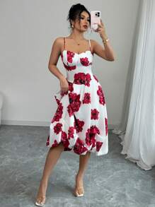 Chiquease Elegante vestido de verano con estampado floral, cintura ajustada y volante en el bajo - Multicolor - Ver 3