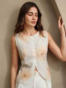 Anewsta Blusa sin mangas con cuello redondo, cintura entallada y estampado similar al lino, apta para verano, festivales, casual, vacaciones y días festivos - Beis - Ver 5