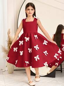 SHEIN Tween Girl Elegant Sleeveless Color Block Bowknot Midi Dress - Red - View 6