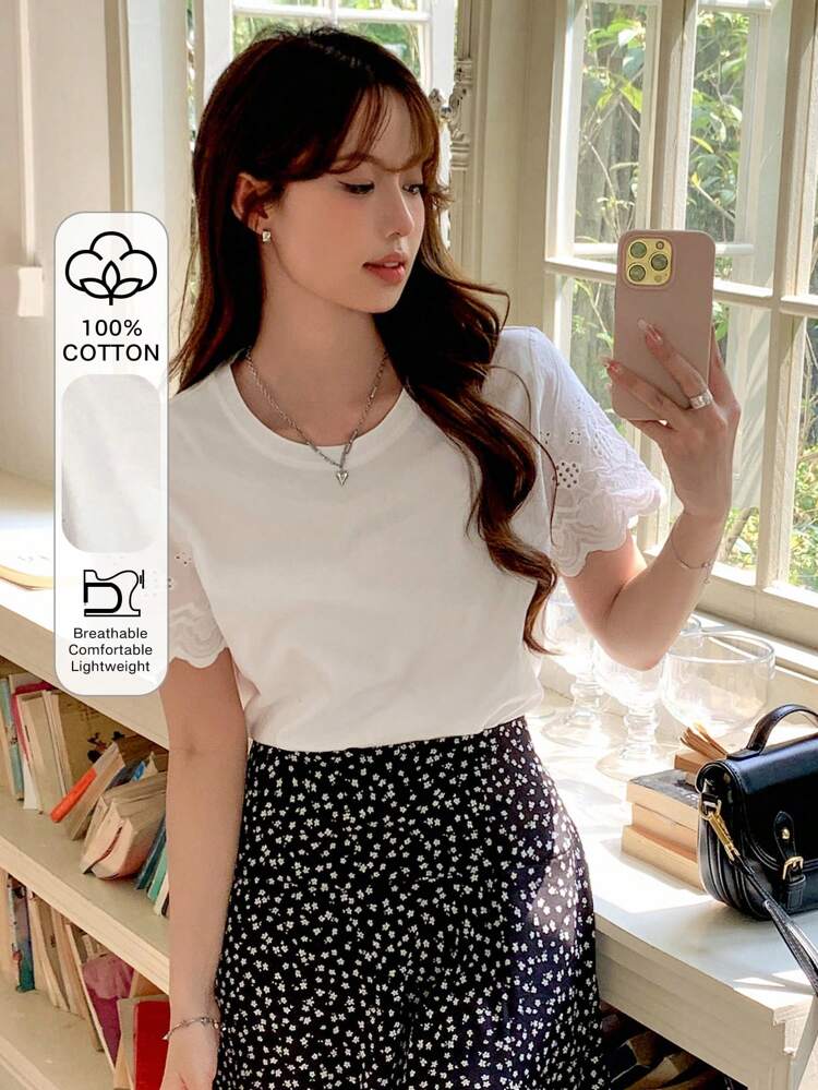 Solid Scallop Trim Eyelet Embroidery Tee Preppy Tops