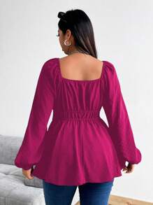 Flirla Plus Size Drawstring & Elastic Waist Front Button Long Sleeve Shirt Peplum Top