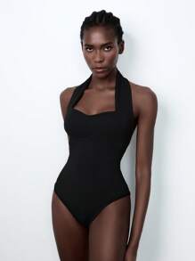 Lumivelle Body de unicolor con cuello halter y espalda descubierta, simple y sexy para mujer