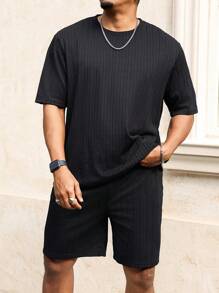 Manfinity Homme Plus Size Men Short Sleeve T-Shirt And Shorts Set, Solid Color Casual Matching Outfit, Cozy Outfits - Black - View 3