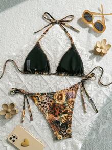 Swim Vcay 2pcs/Set Summer Floral Print Halter Neck Triangle Top & Narrow Side-Tie Sexy Bikini Set