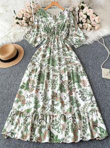 Seusyu 女士优雅全印花蝙蝠翼长裙 - 綠色 - 查看 1