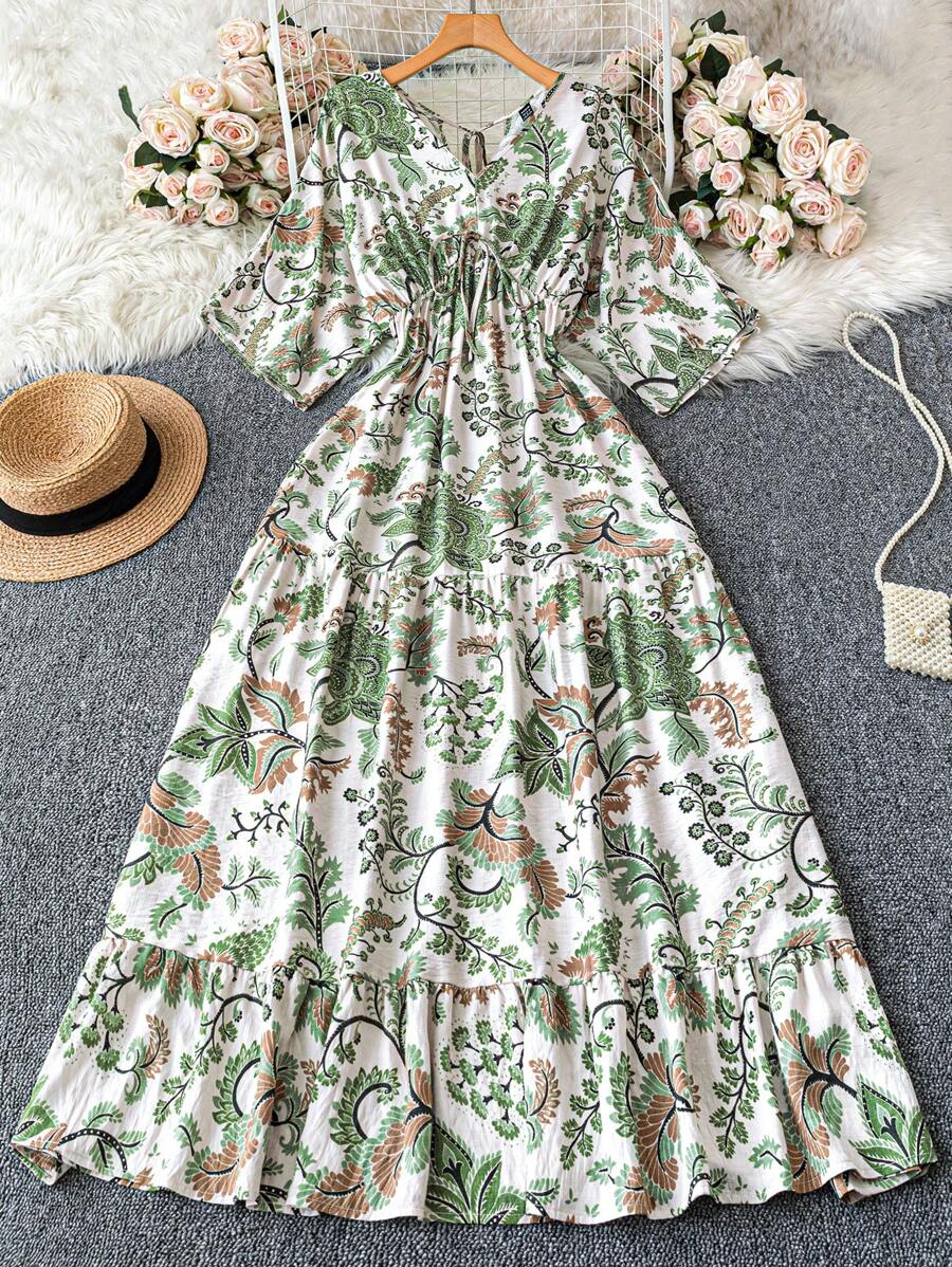 Seusyu 女士优雅全印花蝙蝠翼长裙 - 綠色 - 查看 1