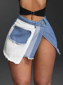 Slaydiva Women's Colorblock Slit Mini Denim Skirt