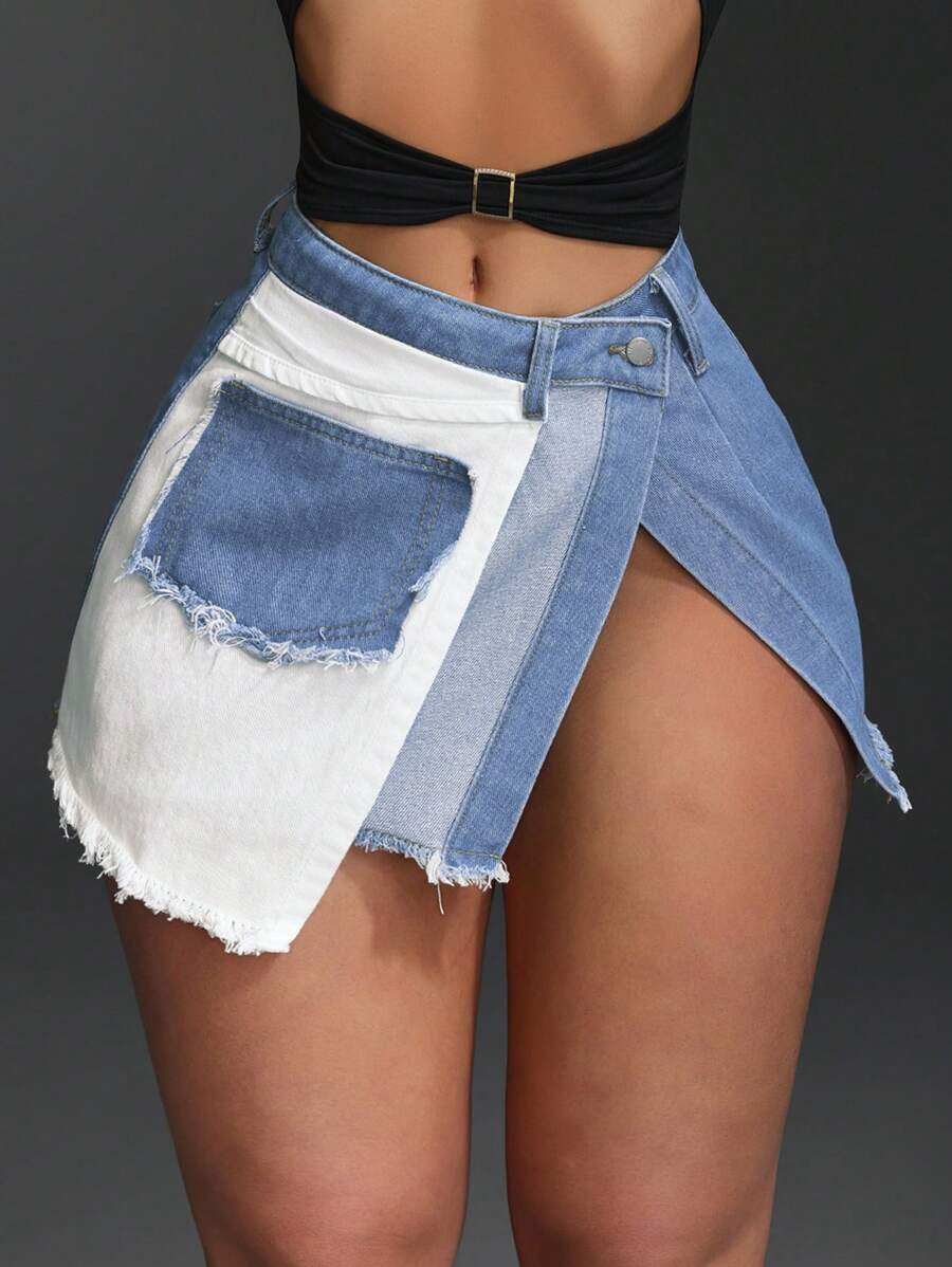 Slaydiva Women's Colorblock Slit Mini Denim Skirt