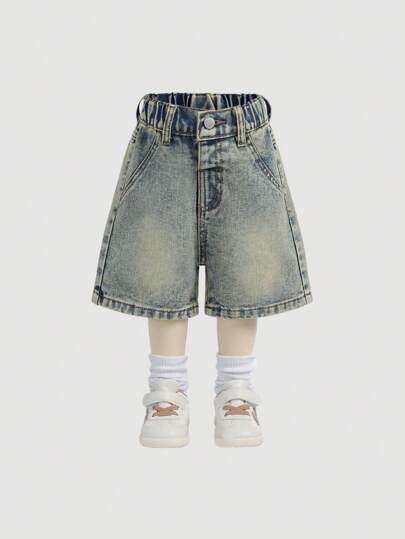 SHEIN Short long ample et lâche en jean délavé bleu style vintage et rétro pour bébé garçon, vêtements de printemps/été, tenue décontractée pour vacances de printemps, tenues streetwear