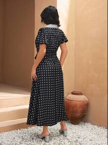 RueChic Plus Size Vintage Vibe Polka-Dot Detailed Dress - Black and White - View 2