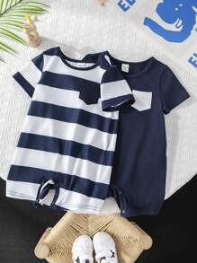 SHEIN Leap Crew 2 pièces/set Salopette et short à manches courtes en tricot avec motif rayé, doux, pour bébé garçon - Bleu et Blanc - Voir 6