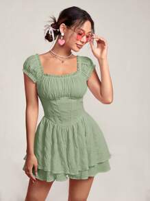 SHEIN PETITE Women Solid Color Ruched Square Collar Raglan Sleeve Pleated Mini Dress - Mint Green - View 3
