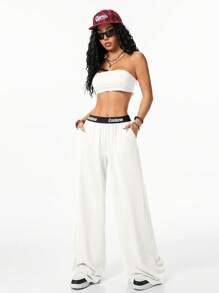Coolane Oversize Street Stylish Versatile Women's Vintage Color Block Y2K Midriff-Baring Long Pants 2 Pieces Set - White - View 6