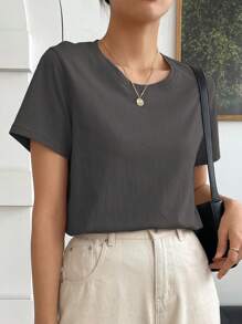DAZY Solid Round Neck Tee - Dark Grey - View 3