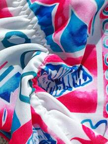 Swim Mod 2pcs/Set Women Springbreak Printed Spaghetti Strap Top And Thong Bikini Swimwear Set, Cute Summer - Multicolor - View 5