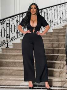 Flirla Plus Size Solid Color Short Sleeve Hollow Casual Jumpsuit, Concert Outfit - Black - View 1