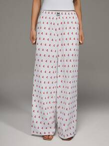 SHEIN Unity Pantaloni drepti cu imprimeu cireș cu talie reglabilă - alb - Vizualizare 4